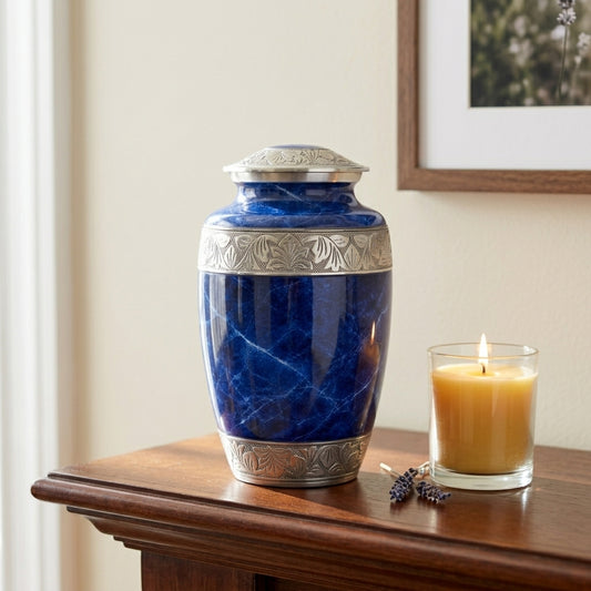 Cremation Urn for Human Ashes – Blue Marble-Finish Metal, Adult & Keepsake