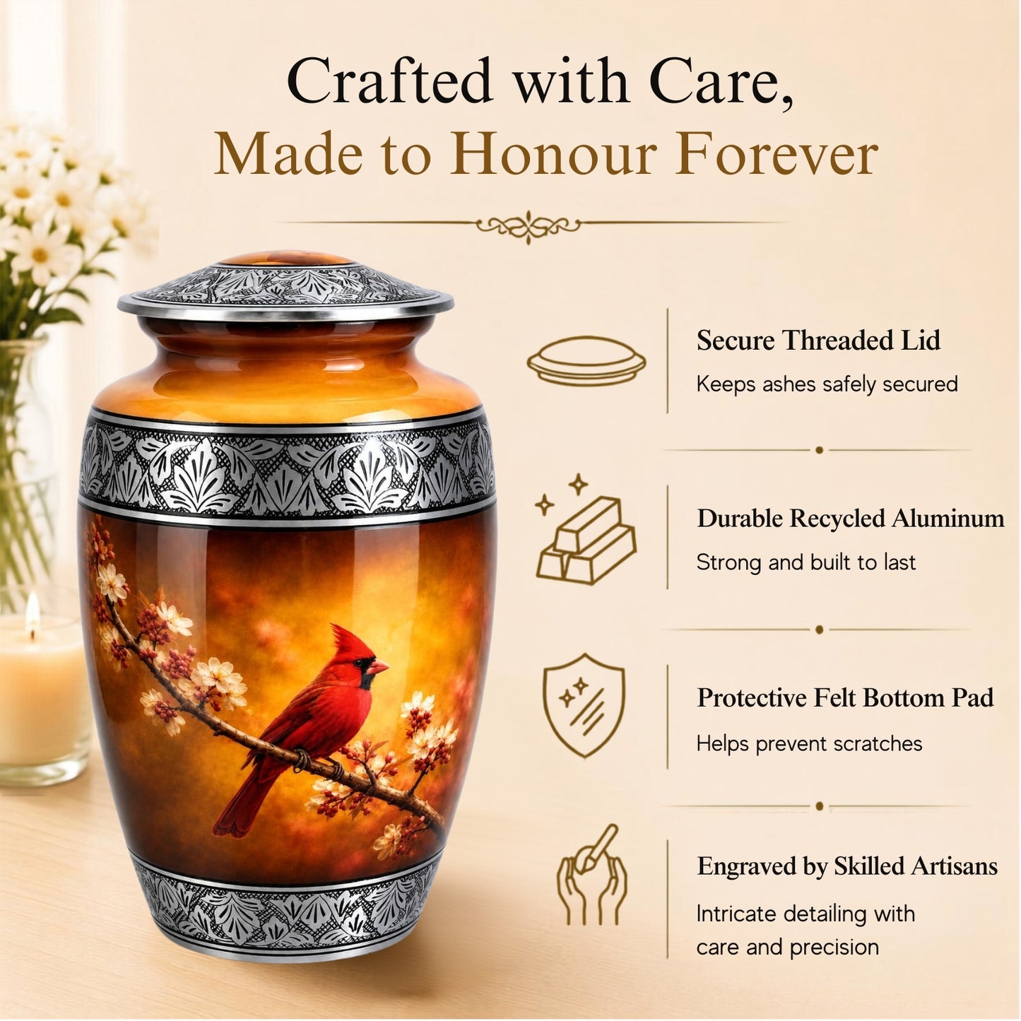 Cardinal Bird Handcrafted Memorial Urn for ashes