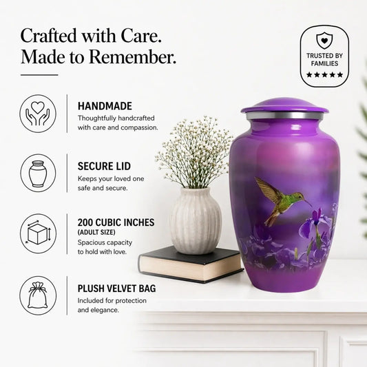 Purple Hummingbird Cremation Urn – Floral Memorial Urn for Ashes