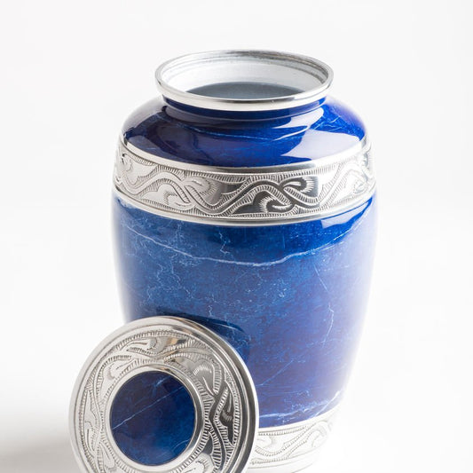 Elegant Blue Marble Cremation Urn with Silver Detailing – Adult Memorial Urn image 1