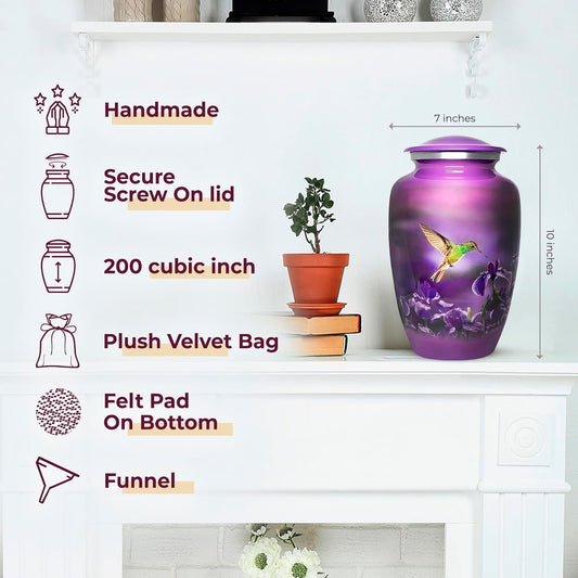 Purple Hummingbird Cremation Urn – Floral Memorial Urn for Ashes image 1