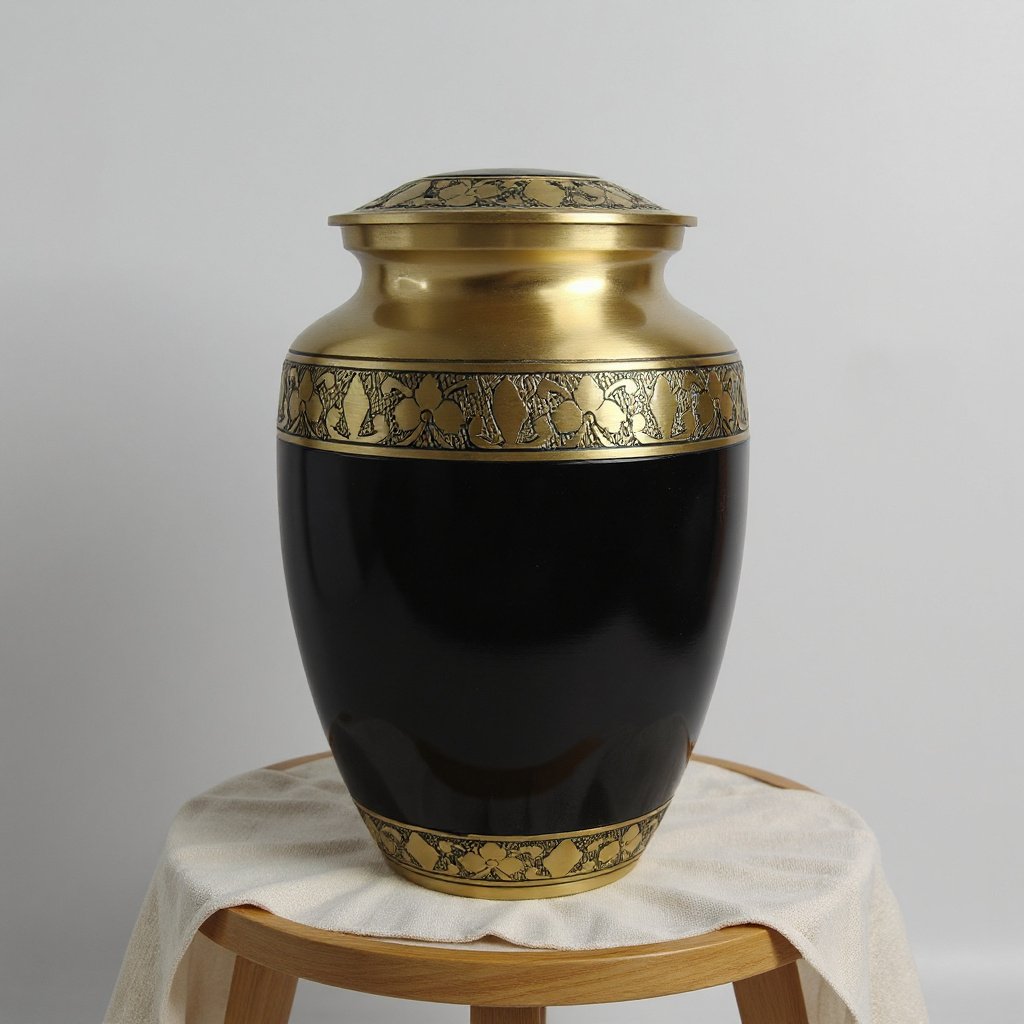 Black and Brass Cremation Urn with Engraved Floral Band image 0