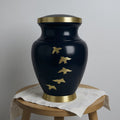 Navy Cremation Urn with Gold Bird Motif – Modern Cremation Vase Aluminum 11-Inch image 0