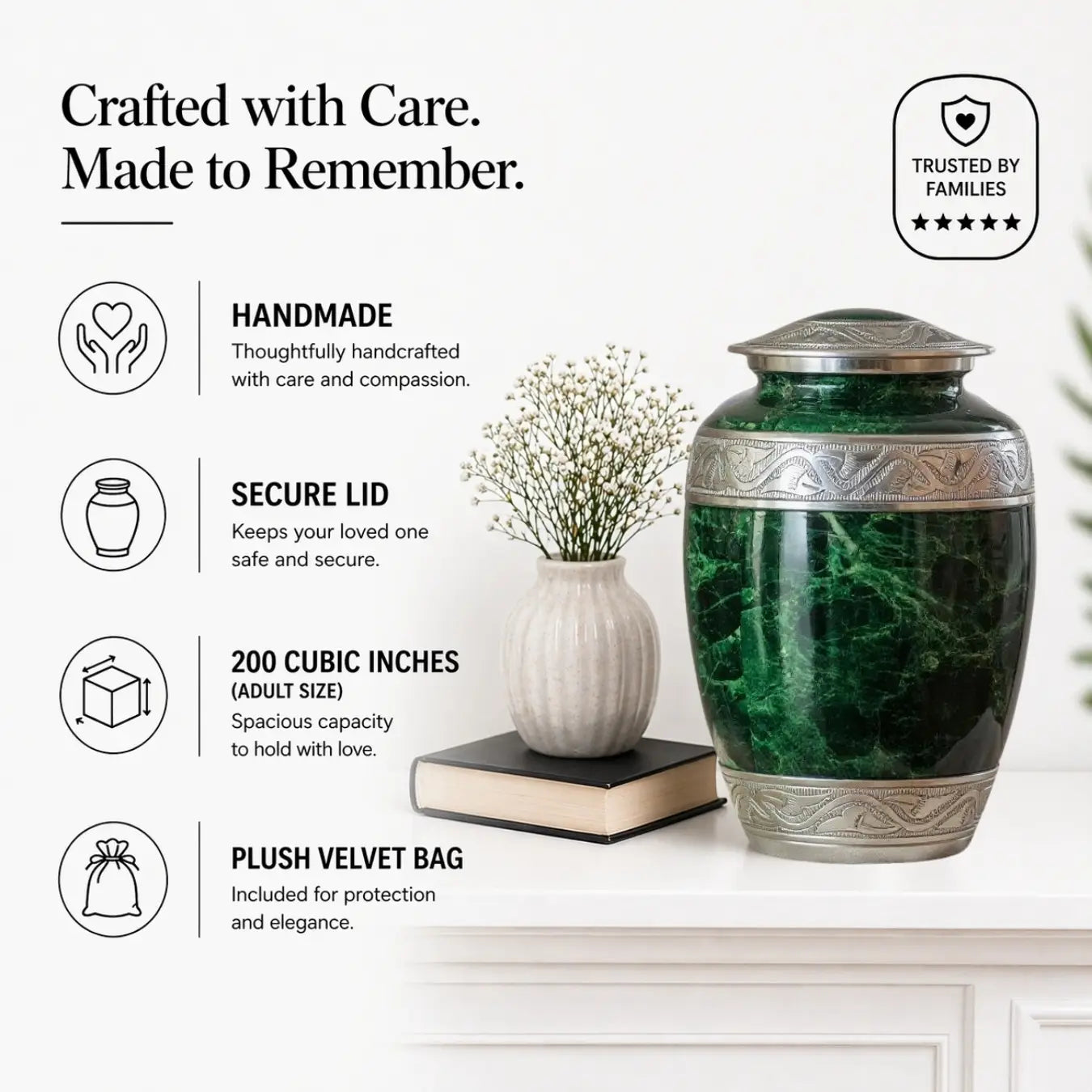 Elegant Green Marble Cremation Urn with Silver Detailing