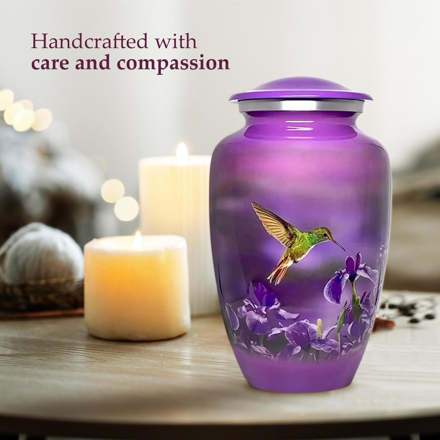 Purple Hummingbird Cremation Urn – Floral Memorial Urn for Ashes image 2