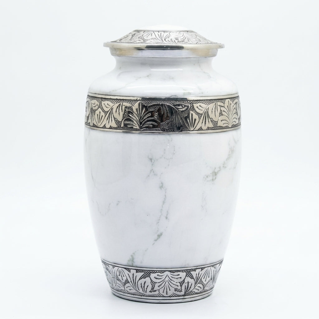 Metal Cremation Urn for Human Ashes – White Marble Finish