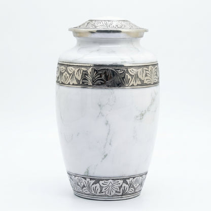 Metal Cremation Urn for Human Ashes – White Marble Finish