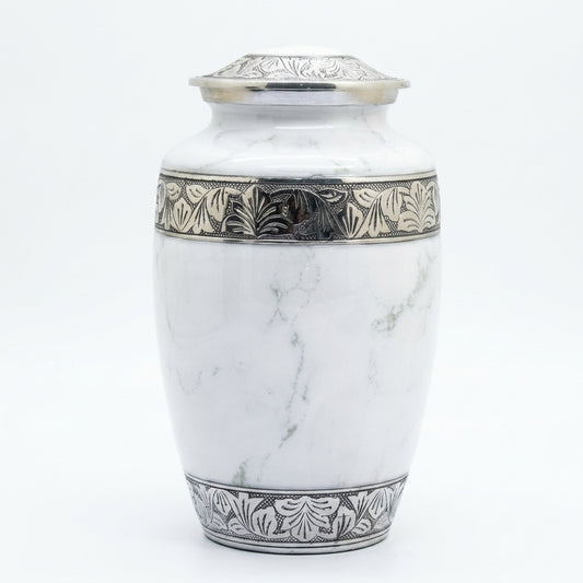 White Marble Finish Cremation Urn with Silver Engraved Accents