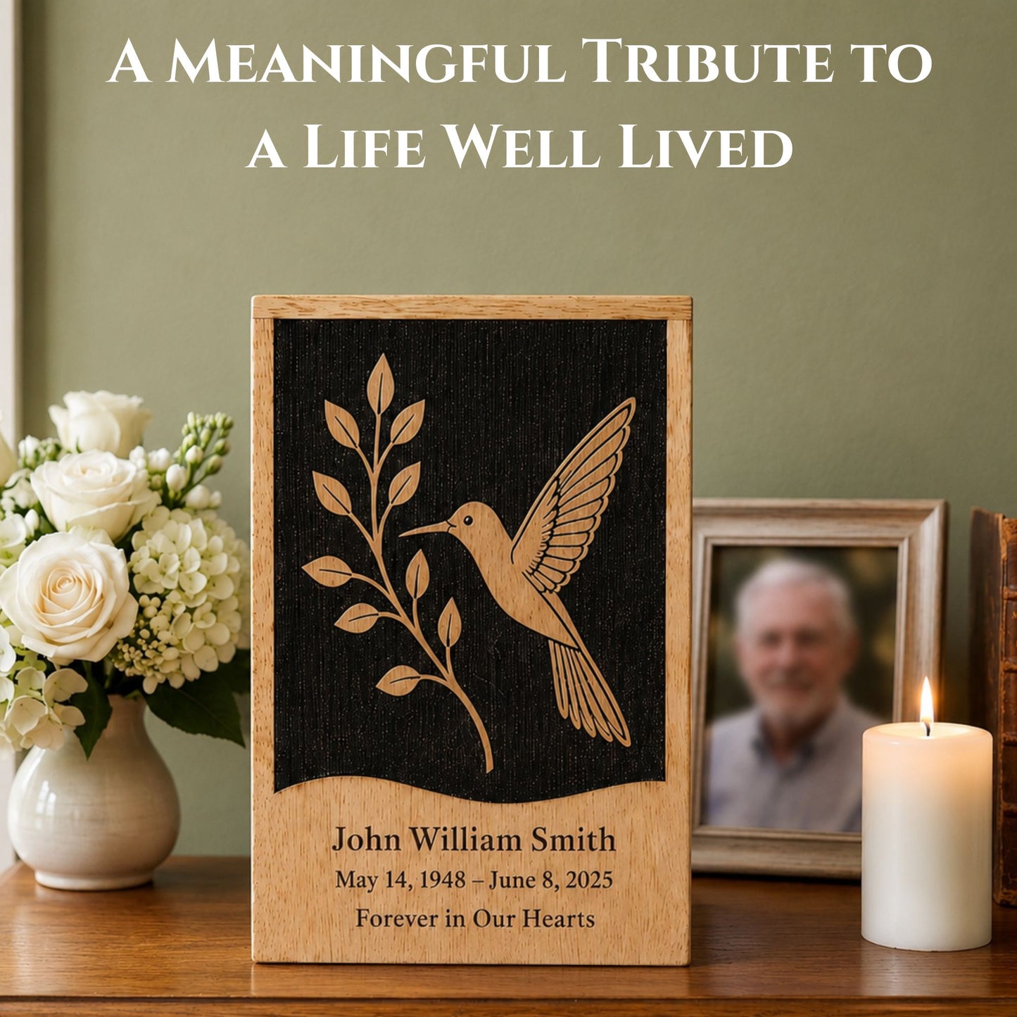Handmade Hummingbird Wooden Cremation Urn – Personalized Adult Memorial Urn for Ashes