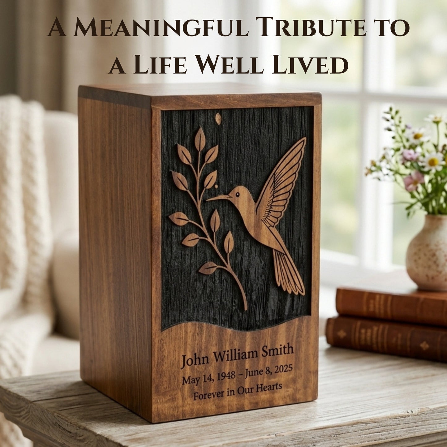 Personalized Hummingbird Wooden Urn for Ashes | Handmade Rosewood Adult Cremation Urn
