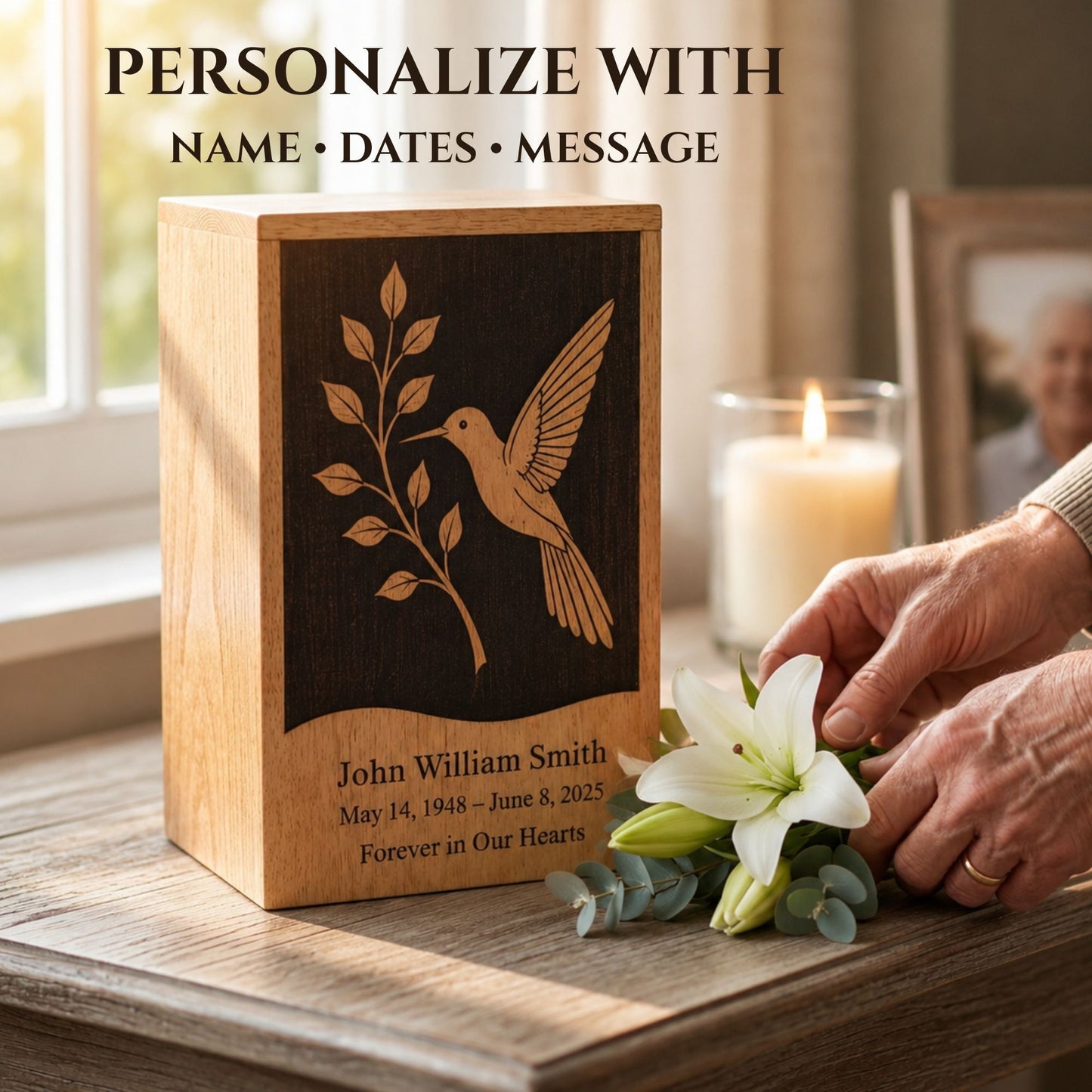 Handmade Hummingbird Wooden Cremation Urn – Personalized Adult Memorial Urn for Ashes