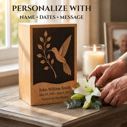 Handmade Hummingbird Wooden Cremation Urn – Personalized Adult Memorial Urn for Ashes