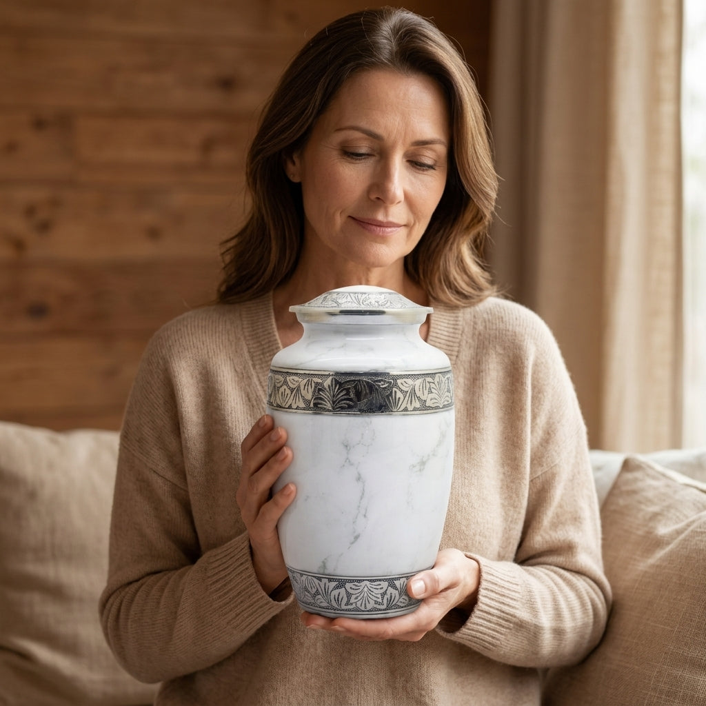A woman in a beige sweater holds a white marble urn with silver decorative bands, set against a warm, cozy background of a wooden wall and beige sofa.