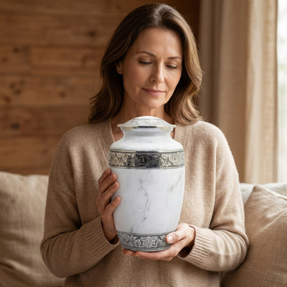 Metal Cremation Urn for Human Ashes – White Marble Finish