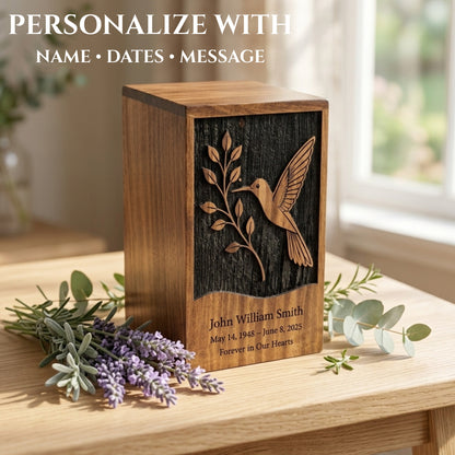 Personalized Hummingbird Wooden Urn for Ashes | Handmade Rosewood Adult Cremation Urn