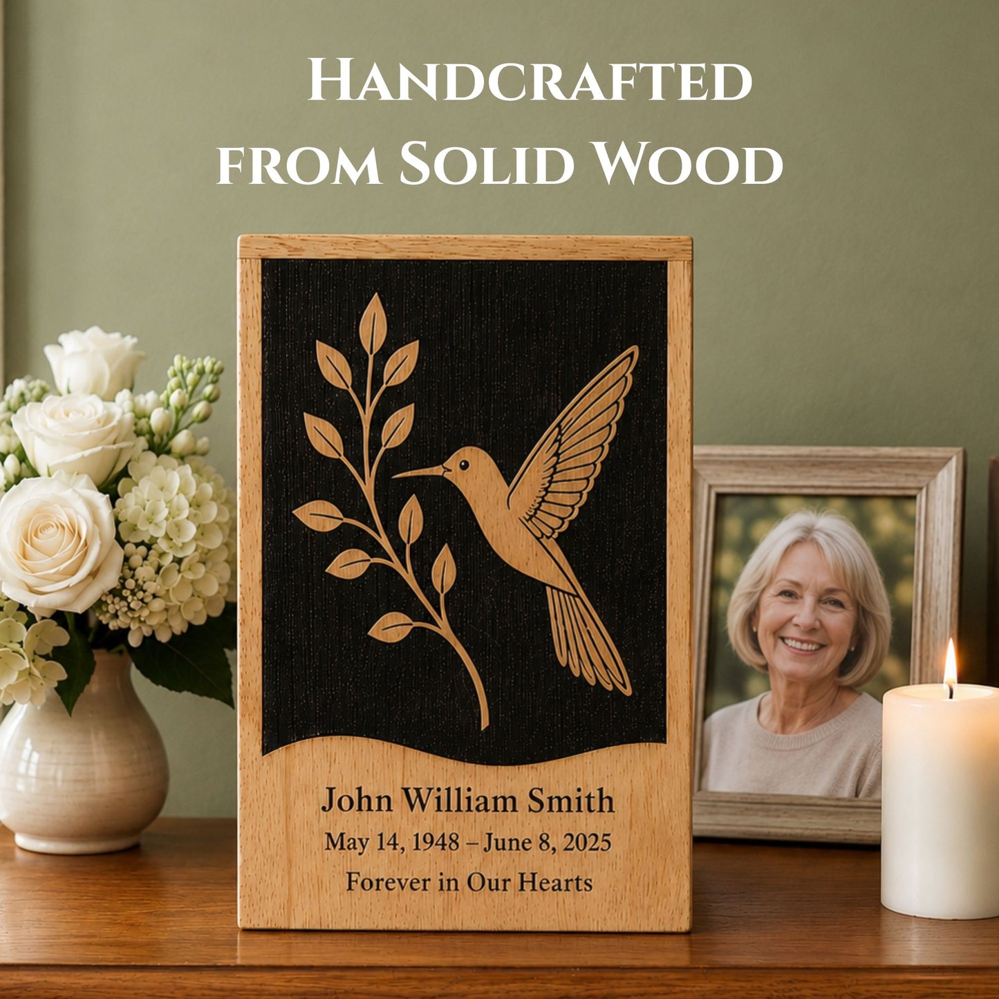 Handmade Hummingbird Wooden Cremation Urn – Personalized Adult Memorial Urn for Ashes