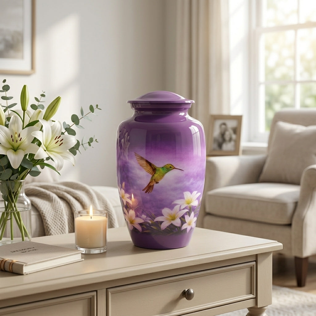 Purple Hummingbird Cremation Urn for Human Ashes – Adult, Keepsake