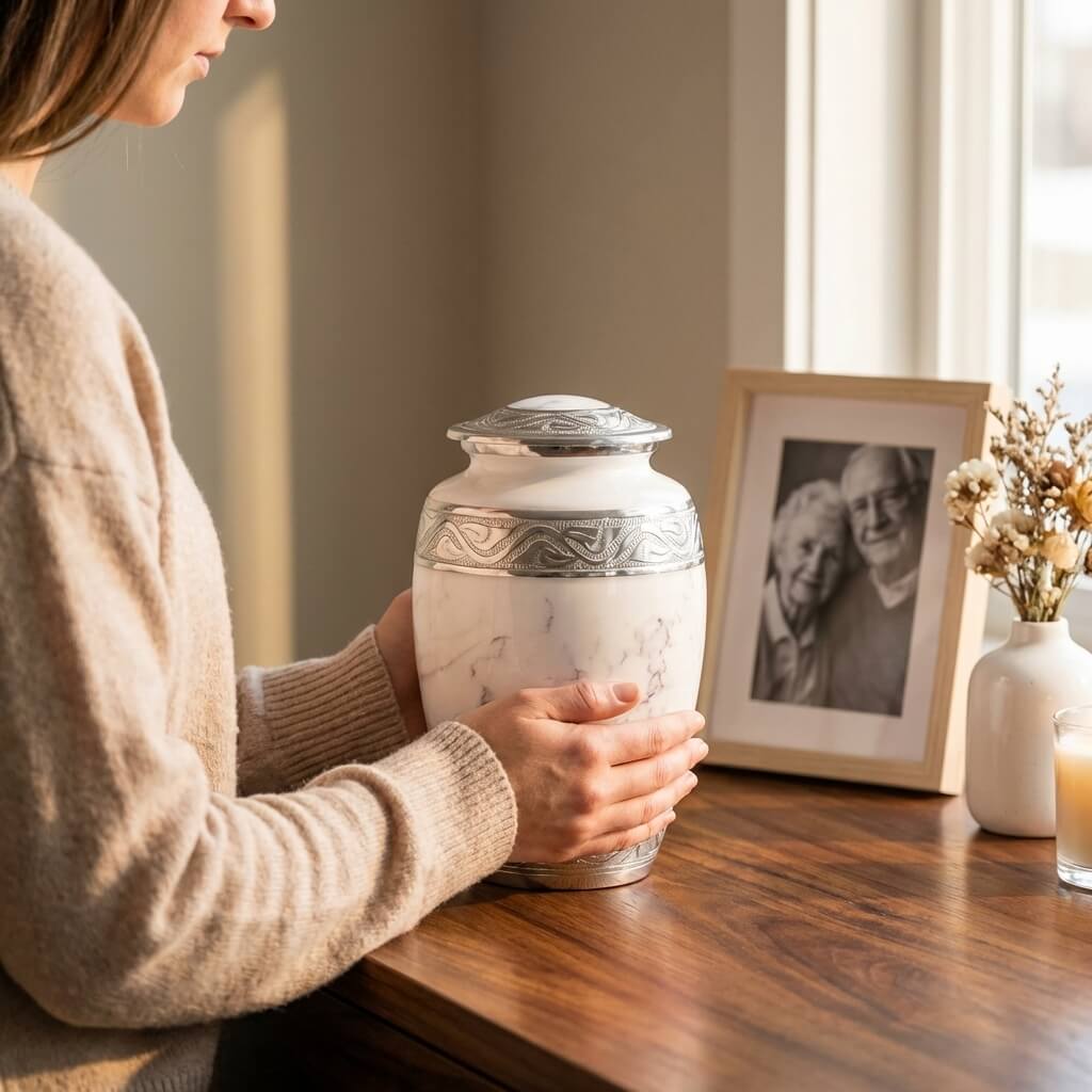 White Marble Finish Cremation Urn with Silver Engraved Accents