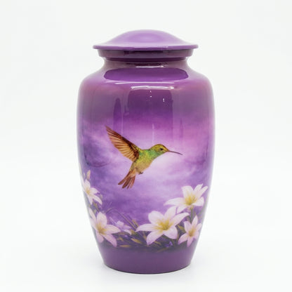 Purple Hummingbird Cremation Urn – Floral Memorial Urn for Ashes