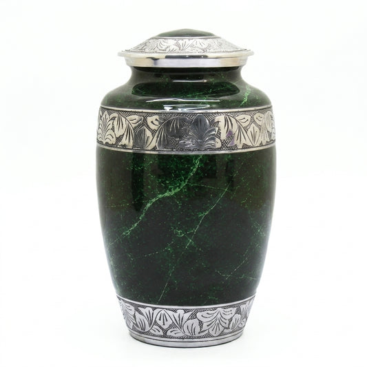 Elegant Green Marble Cremation Urn with Silver Detailing
