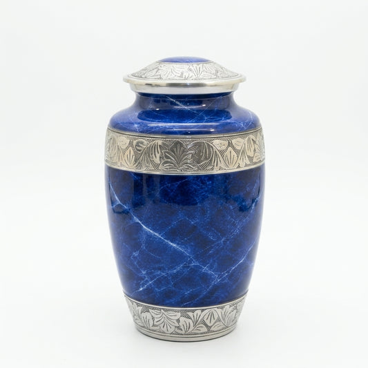 Elegant Blue Marble Cremation Urn with Silver Detailing