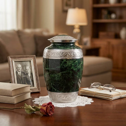 Elegant Green Marble Cremation Urn with Silver Detailing