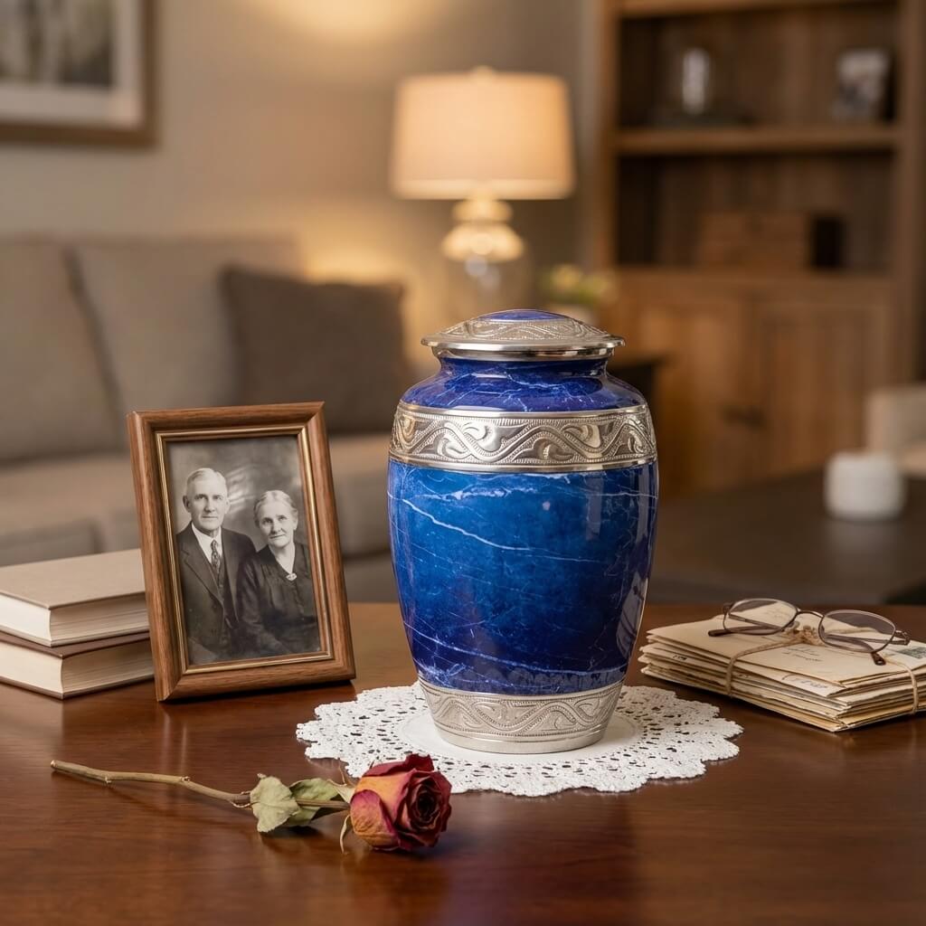 Elegant Blue Marble Cremation Urn with Silver Detailing