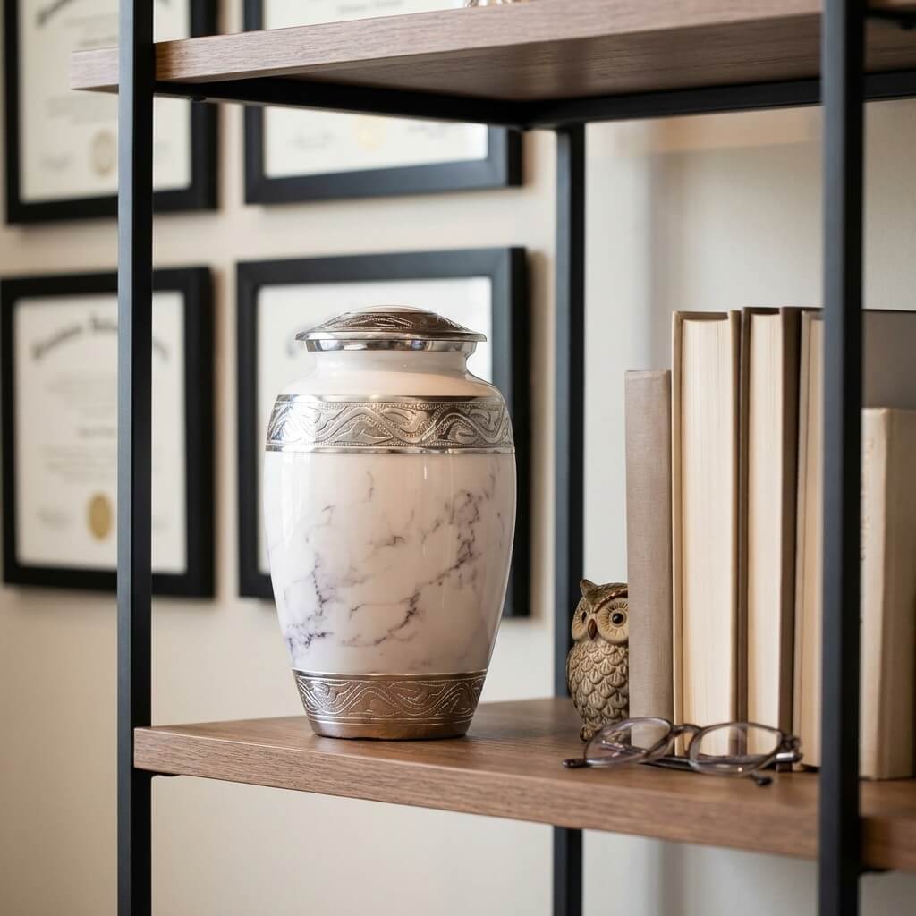 White Marble Finish Cremation Urn with Silver Engraved Accents