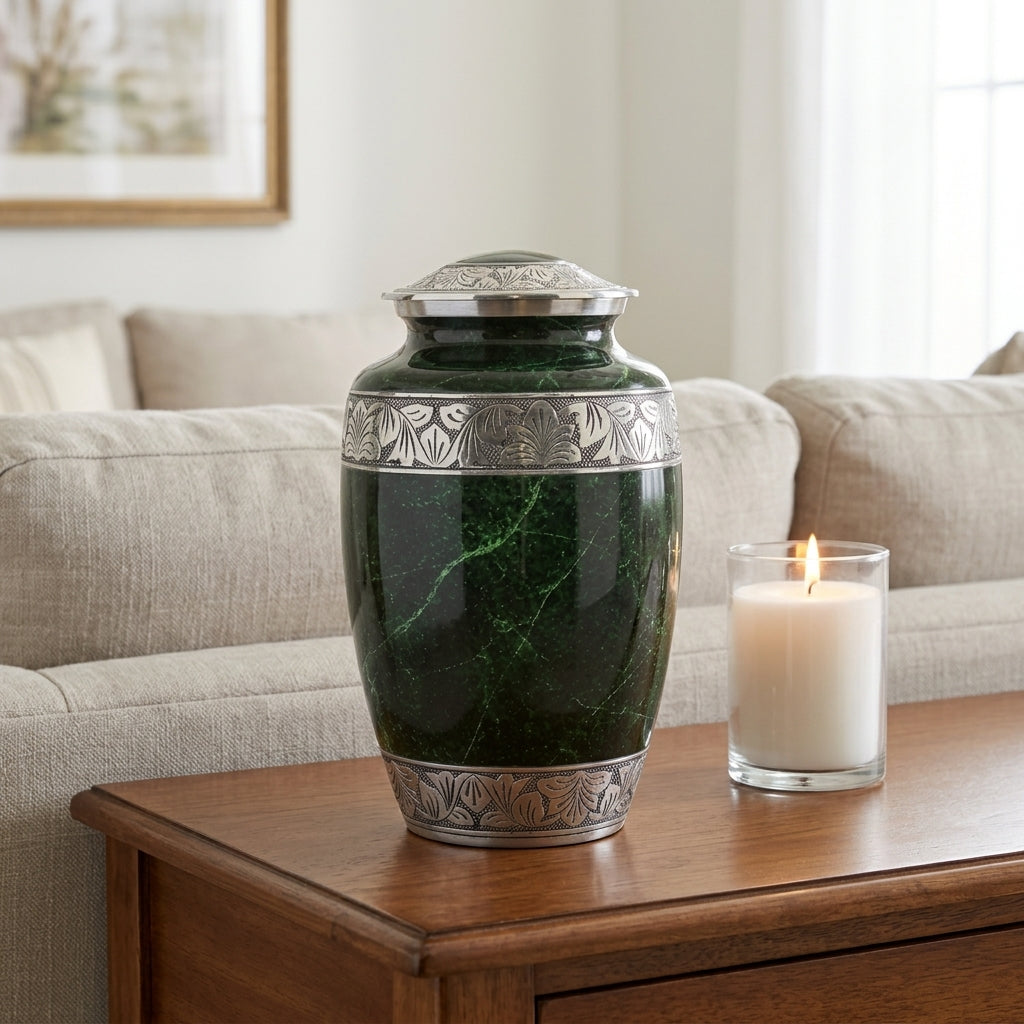 A dark green marble-look cremation urn with silver-toned metal bands and lid, displayed on a wooden table next to a lit white candle in a living room setting.