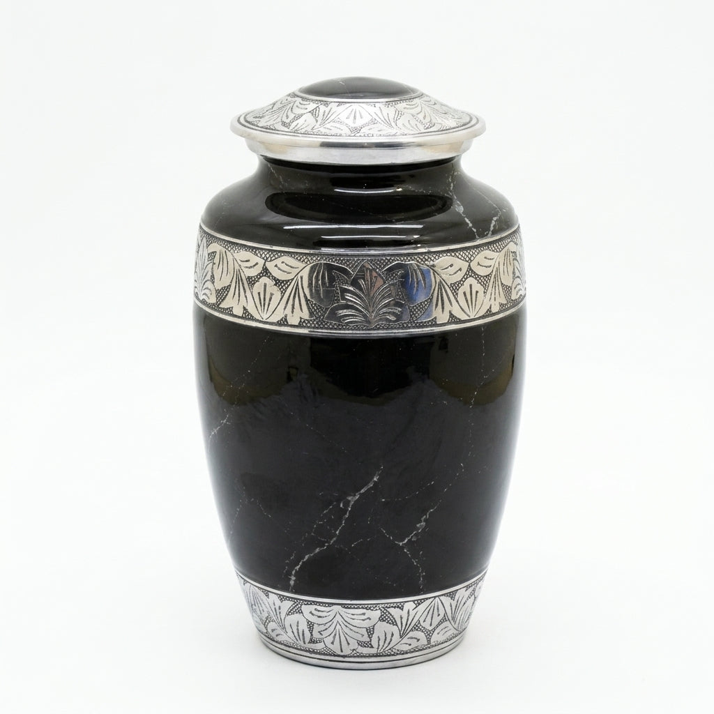 Metal Cremation Urn for Human Ashes – Black Marble Finish with Silver Detailing