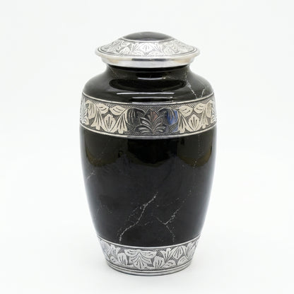 Metal Cremation Urn for Human Ashes – Black Marble Finish with Silver Detailing