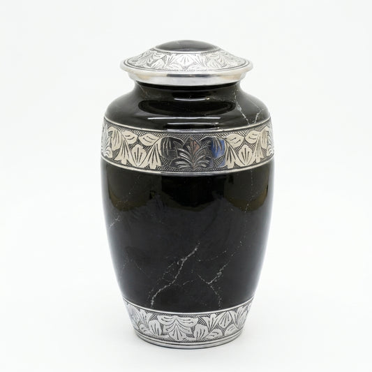 Elegant Black Marble Cremation Urn with Silver Detailing – Adult Memorial Urn
