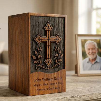 Personalized Cross Wooden Urn for Ashes | Handmade Rosewood Adult Cremation Urn