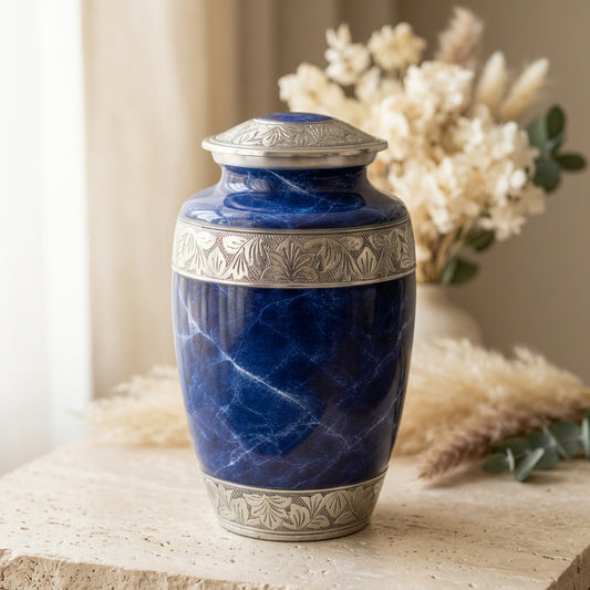 Cremation Urn for Human Ashes – Blue Marble-Finish Metal, Adult & Keepsake