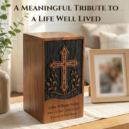 Personalized Cross Wooden Urn for Ashes | Handmade Rosewood Adult Cremation Urn