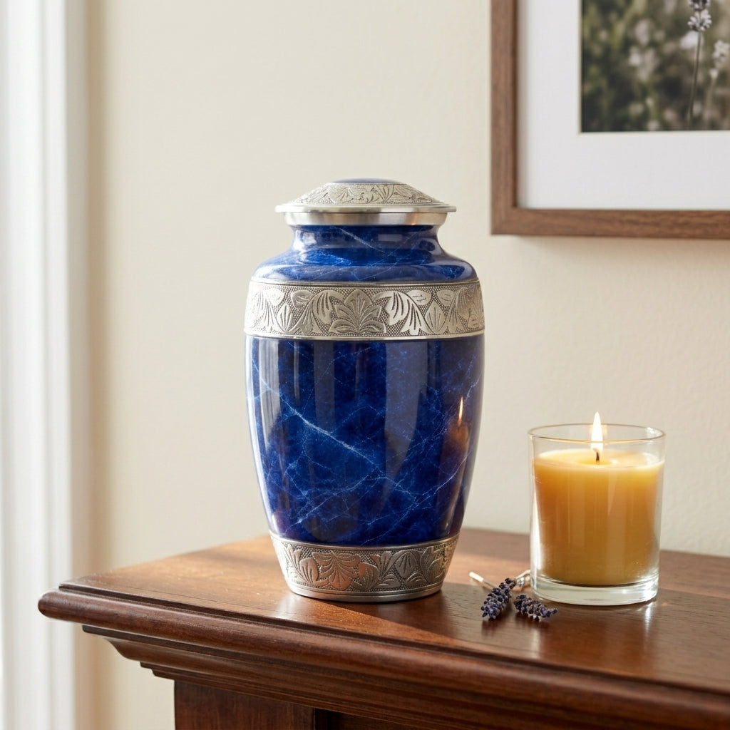 Cremation Urn for Human Ashes – Blue Marble-Finish Metal, Adult & Keepsake