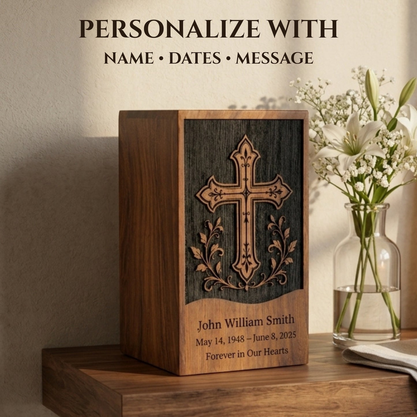Personalized Cross Wooden Urn for Ashes | Handmade Rosewood Adult Cremation Urn
