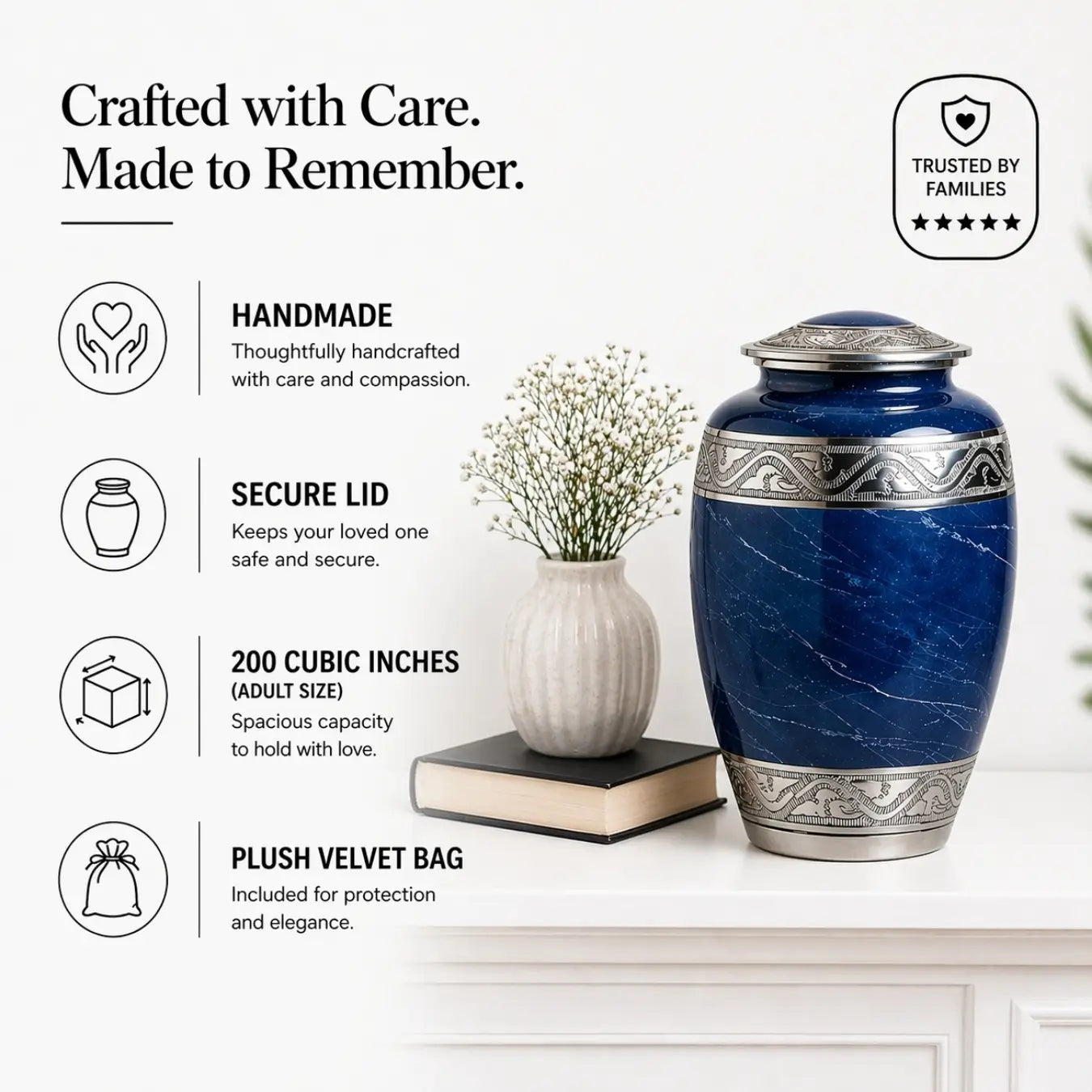 Elegant Blue Marble Cremation Urn with Silver Detailing