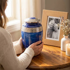 Cremation Urn for Human Ashes – Blue Marble-Finish Metal, Adult & Keepsake