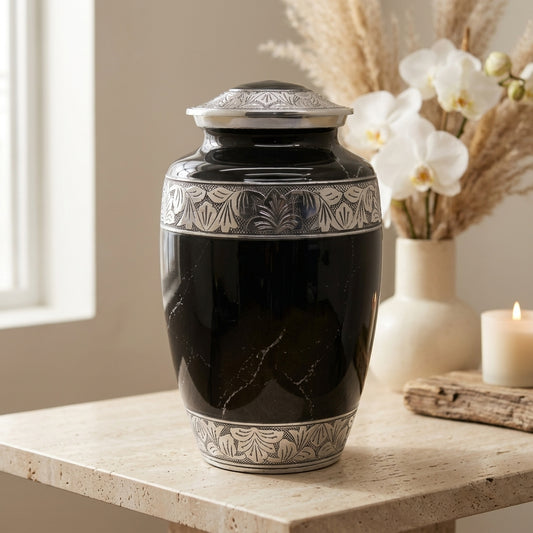 Cremation Urn for Human Ashes – Black Marble-Finish Metal, Adult & Keepsake