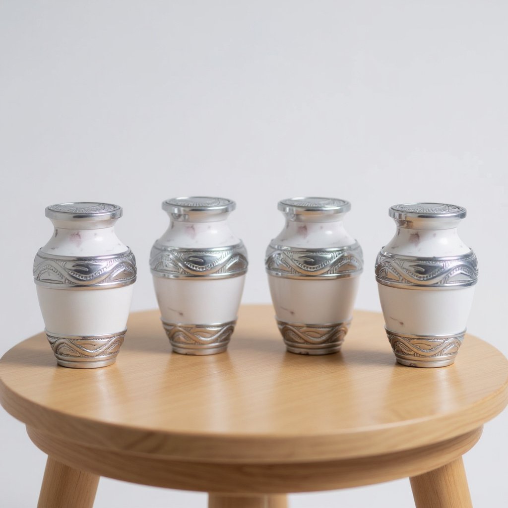 White Marble Keepsake Urns with Silver Engraving – Elegant Mini Cremation Urns set of 4 image 0
