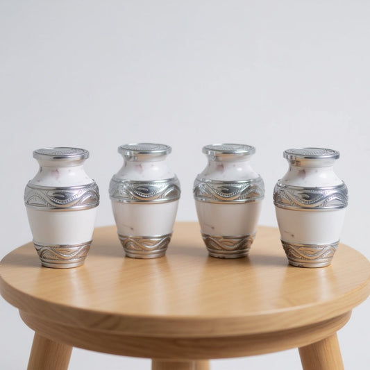 White Marble Keepsake Urns with Silver Engraving – Elegant Mini Cremation Urns set of 4 image 0