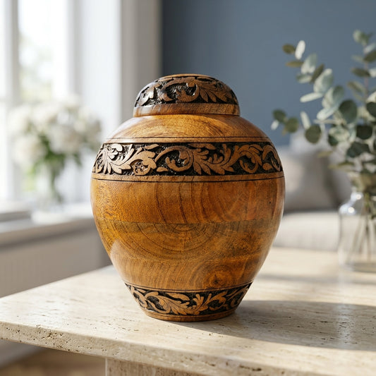 Hand-Carved Floral Wooden Cremation Urn for Human Ashes – Adult & Keepsake Sizes