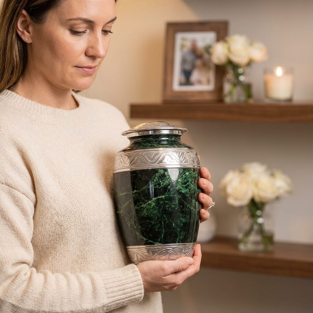 Woman holding a decorative green cremation urn in a home setting with flowers and a photo frame in the background.