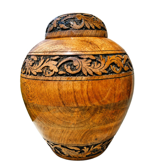 Hand Carved Wooden Cremation Urn – Floral Design Memorial for Human Ashes