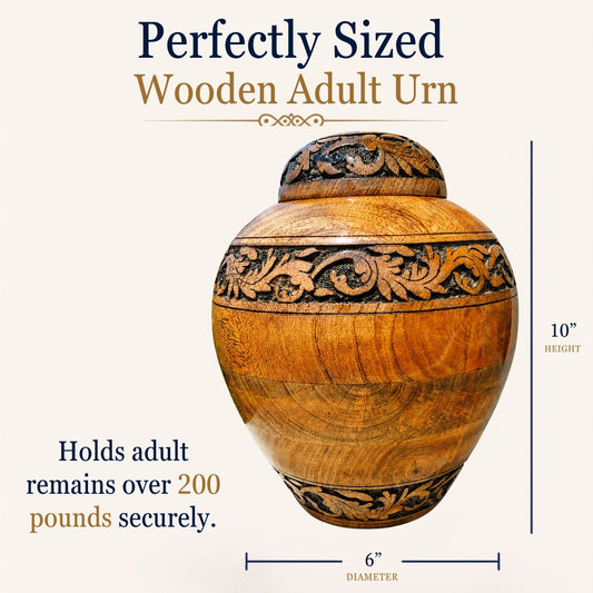 Hand Carved Wooden Cremation Urn – Floral Design Memorial for Human Ashes