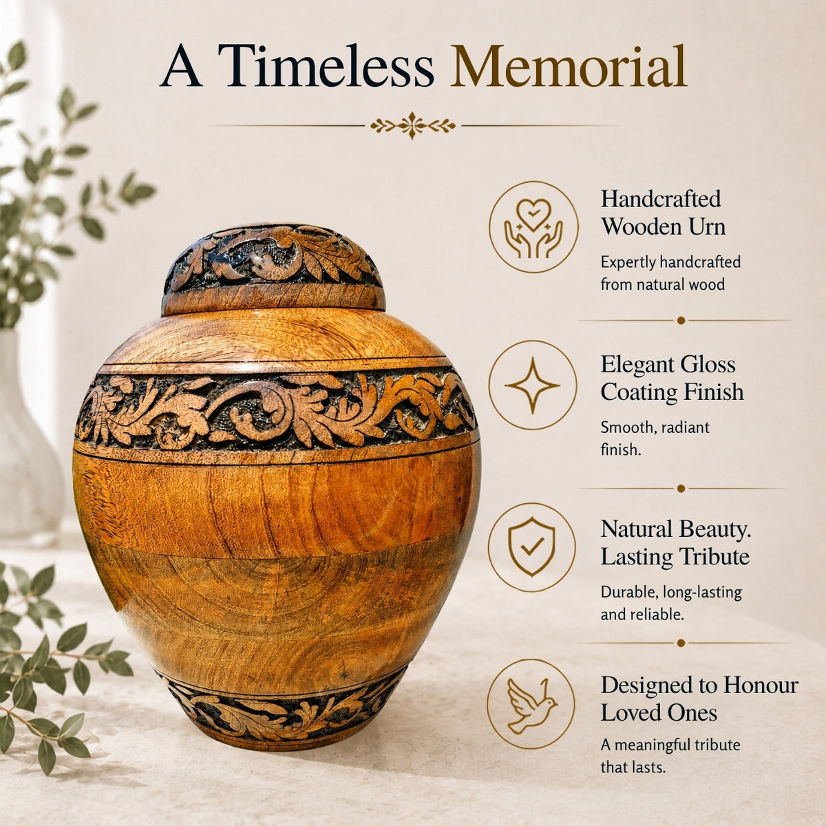 Hand-Carved Floral Wooden Cremation Urn for Human Ashes – Adult & Keepsake Sizes