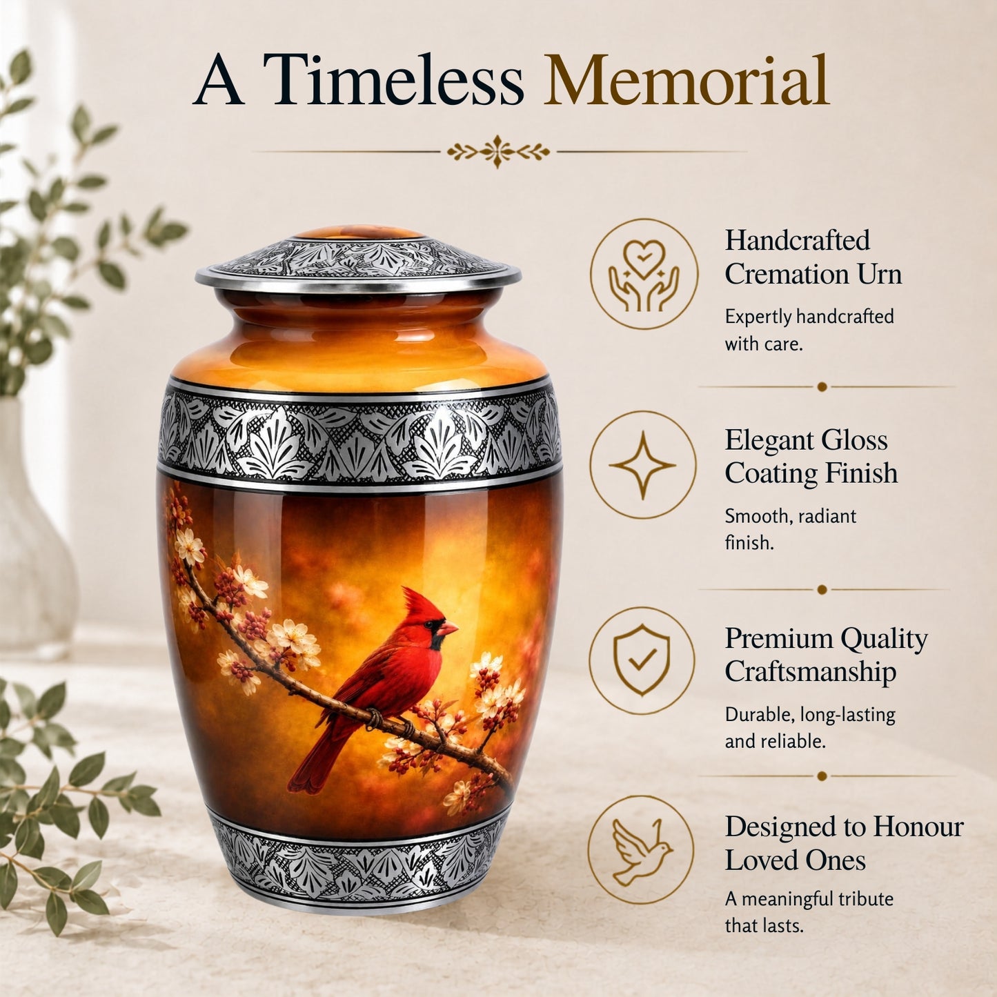 Cardinal Bird Handcrafted Memorial Urn for ashes