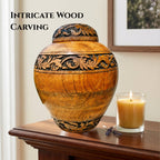 Hand-Carved Floral Wooden Cremation Urn for Human Ashes – Adult & Keepsake Sizes