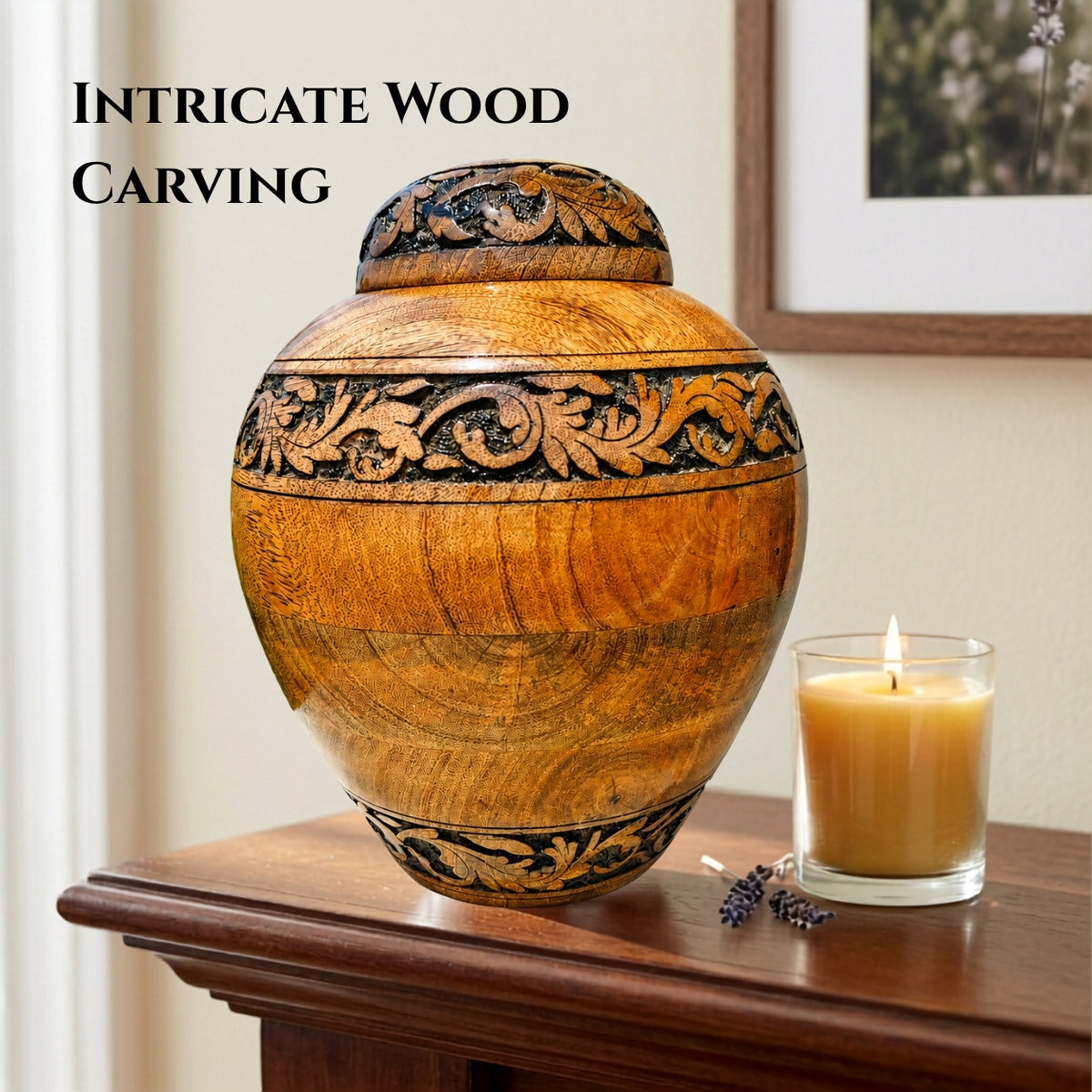 Hand-Carved Floral Wooden Cremation Urn for Human Ashes – Adult & Keepsake Sizes